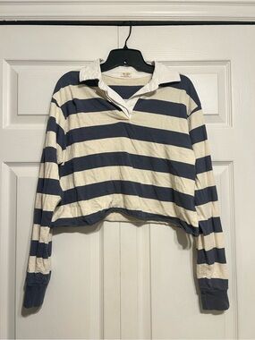 Brandy Melville Navy & Cream Striped Cropped Rugby Top